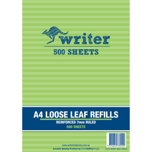 WRITER A4 BINDER REFILLS Reinforced Pk500 7mm Loose Leaf