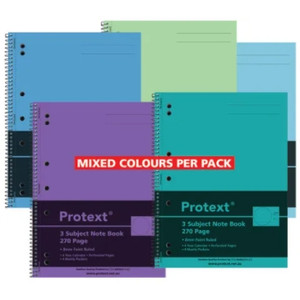 PROTEXT A4 270PG SPIRAL POLY 3 SUBJECT BOOK WITH 4 POCKETS, MIXED COLOURS