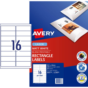 AVERY L7162CL COLOUR LASER LABEL 16 UP 20 Sht 99 1x34mm Matt White (320 Labels)