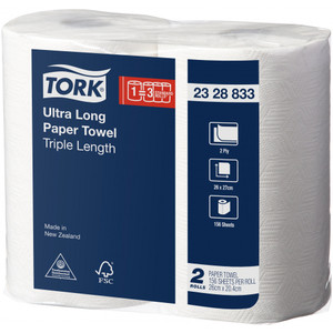 TORK ULTRA LONG PAPER TOWEL TRIPLE LENGTH 156 Sheets Per Roll, Pack of 2 Rolls