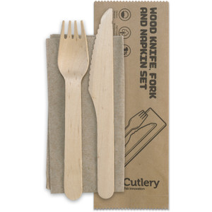 CUTLERY WOODEN KNIFE + FORK + NAPKIN SET (W-FKN) Carton of 400 Sets