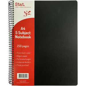 STAT NOTEBOOK A4 7MM RULED 60Gsm Black 5 Subject Pp Cover 250 Pages