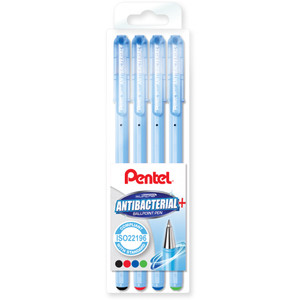 Pentel BK77AB Superb Antibacterial Ballpoint Pen 0.7mm Fine Black/Red/Blue/Green, Wallet of 4 Assorted Colours