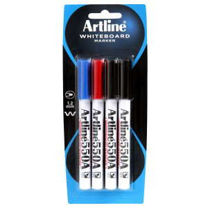 ARTLINE 550A WHITEBOARD MARKER PACKET OF 4 ASSORTED COLOURS FINE BULLET POINT 1.2MM