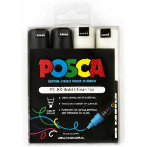 Uni Posca PC-8K Paint Marker Chisel Broad 8mm Black And White Pack of 4