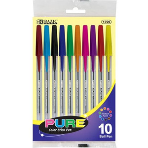BAZIC PURE COLOUR STICK PEN ASSORTED COLOUR (PACK OF 10) 1.0MM MEDIUM POINT