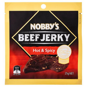 NOBBYS HOT AND SPICY BEEF JERKY 25GM