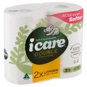 I CARE DOUBLE LENGTH 3PLY WHITE TOILET TISSUE 4PK