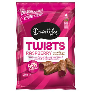 DARRELL LEA MILK CHOC RASPBERRY TWISTS 200GM