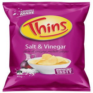 THINS SALT AND VINEGAR POTATO CHIPS 45GM (Carton of 18)
