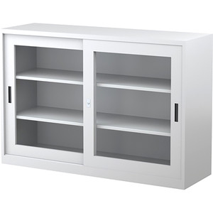 Steelco Sliding Glass Door Cabinet 2 Shelves 1500W x 465D x 1015mmH Silver Grey