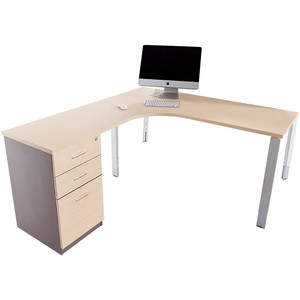 Sylex Oblique Corner Workstation 1500mmW Left Hand Return + Pedestal Snow Maple