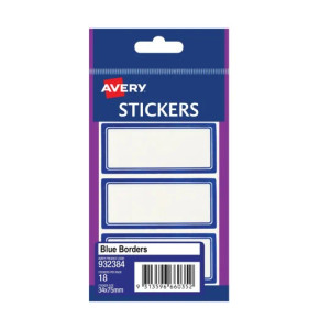 Avery White Rectangle Stickers, Blue Border 75 x 34 mm, Pack of 18 Labels