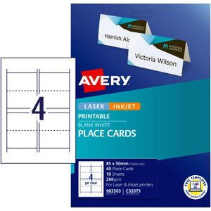 Avery C32073 Folded Place Cards 85 x 50mm, 4UP, Pack of 10 Sheets (40 Labels)