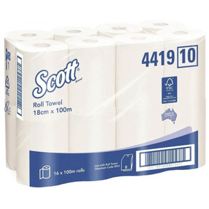 Scott 4419 Roll Hand Towel, White, 100m/Roll, Polypack of 16 Rolls