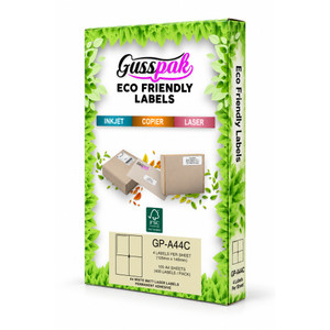 Gusspak White Eco-Friendly Laser/Inkjet/Copier Labels - 105mm x 148mm  (No Border) - 4 Labels Per Sheet - Pack Of 100 Sheets