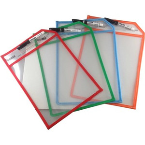 WRITE & WIPE A4 ERASABLE SLEEVE WITH BLACK MARKER ASSORTED COLOURS and ERASER set of 10