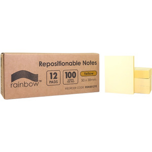 Rainbow FSC Mix Credit Repositional Yellow Notes 38 x 50mm 100 Sheets Pad, Pack of 12