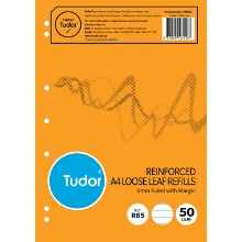 Olympic/ Tudor Reinforced Loose Leaf Refill R85 A4 8mm Ruled with Red Margin, Pack of 50 Leaf (197756)