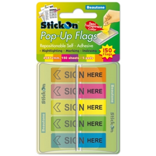 BANTEX POP UP FLAG SIGN HERE 45mm x 12mm 150 Sheets Per Pad Neon Assorted Colours Pack of 5 Pads