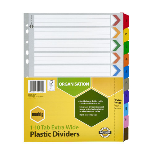 MARBIG BOARD DIVIDERS A4 1 10 Tab Xtra Wide Clear