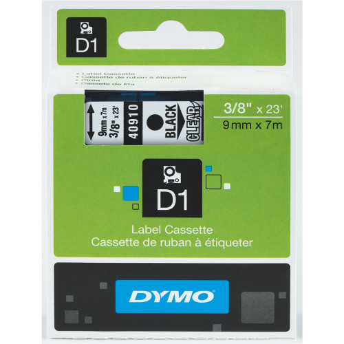 DYMO D1 LABEL CASSETTE TAPE 9mm x 7m Black on Clear