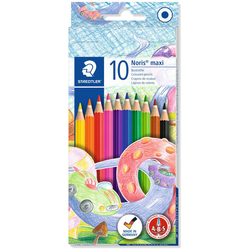 Staedtler 126 Noris Club Maxi Learner Coloured Pencil, 12 Sided 4.0mm Lead For Small Hands - Assorted Pack of 10