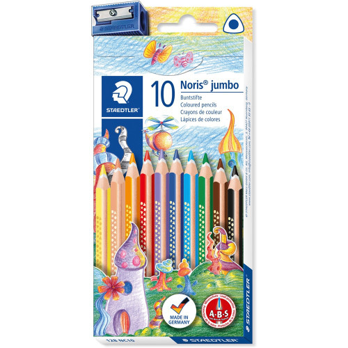 Staedtler Noris Club Triangular Colored Pencils Jumbo, Assorted Pack of 10 Plus Sharpener