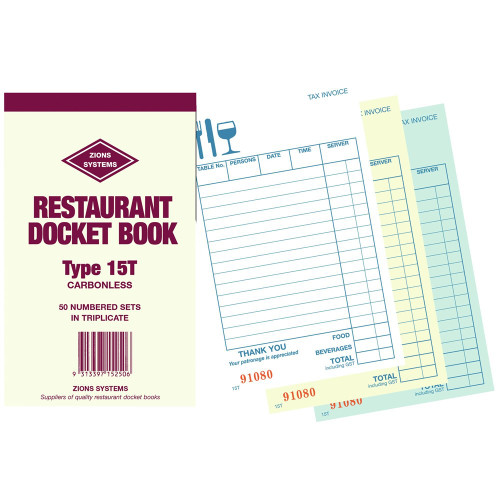 ZIONS 15T DOCKET BOOK C/Less Triplicate 165X95mm