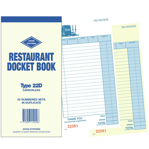 ZIONS RESTAURANT DOCKET BOOKS 22D Dup C/Less 200x100mm, 22 Lines, 50 Sets