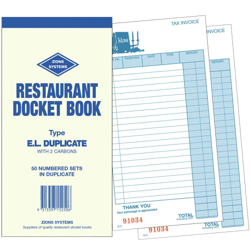 ZIONS RESTAURANT DOCKET BOOKS ELD Dup Pen Carbon 200x100mm, 22 Lines, 50 Sets