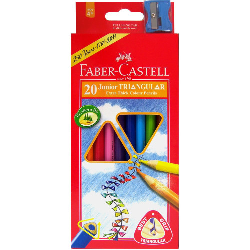 FABER-CASTELL JUMBO TRIANGULAR Junior Colour Pencils Assorted with Sharpener Pack of 20