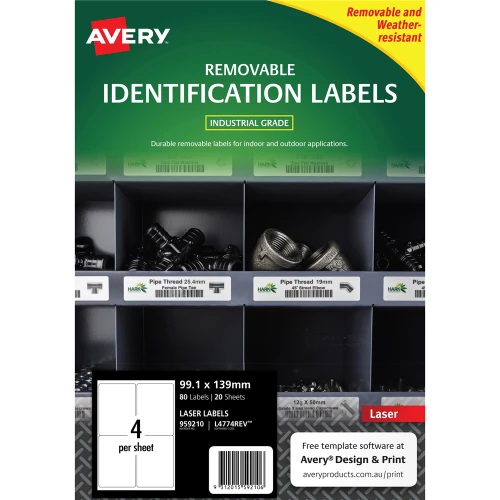 Avery 959210 4UP Heavy Duty Industrial Labels White L4774  99 x 139 Pack (80 Labels / 20 Sheets)