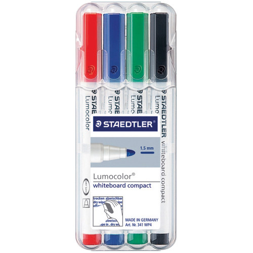 Staedtler 341 Lumocolor Whiteboard Compact Marker 1.0 - 2.0mm Bullet Point Assorted Wallet 4 Colours
