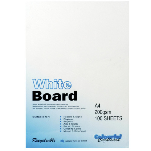 COLOURFUL CARDBOARD WHITE PASTEBOARD A4 200gsm (Pack of 100)