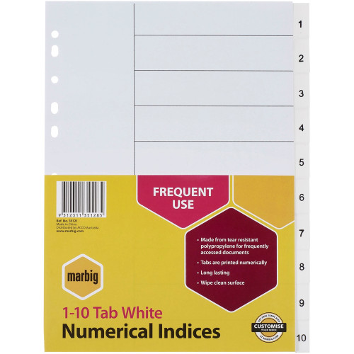 MARBIG POLYPROPYLENE DIVIDERS - NUMERICAL 1-10 A4 White