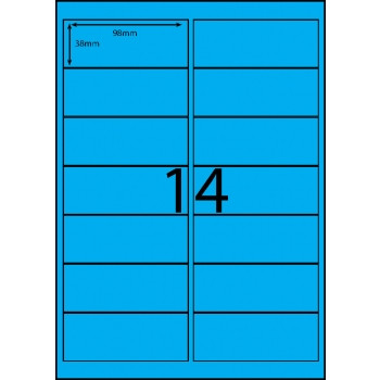 A4 COLOURED LASER LABELS SQUARE EDGES 98mm x 38mm, 14 Labels p/page, Fluoro Blue, Bx100
