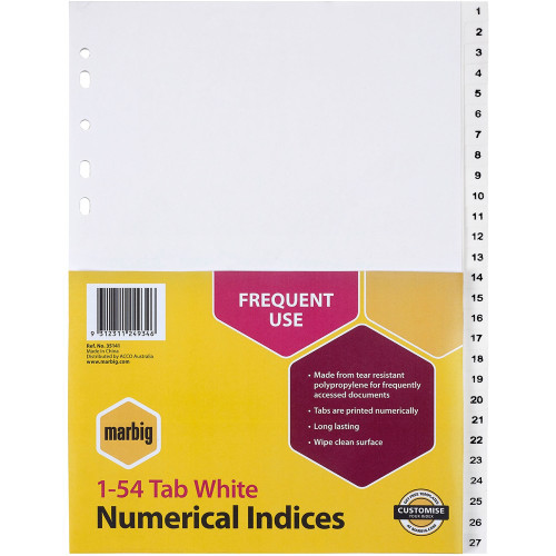 MARBIG POLYPROPYLENE DIVIDERS - NUMERICAL 1-54 A4 White