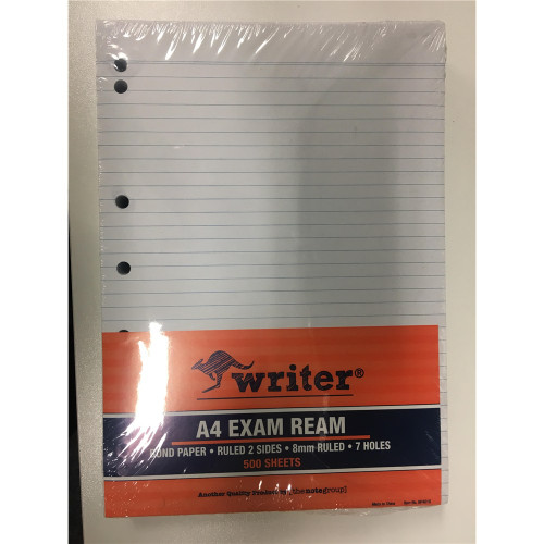 A4 EXAM PAPER 55GSM PAPER 8mm Ruled With Margin 7 Hole Punched - 500 Sheets
