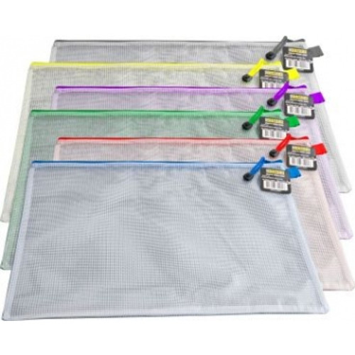 CLEAR MESH PVC PENCIL CASE 39cm x 34cm B4 Available in 6 Assorted Zip Colours - sold individually - PRICE PER EACH