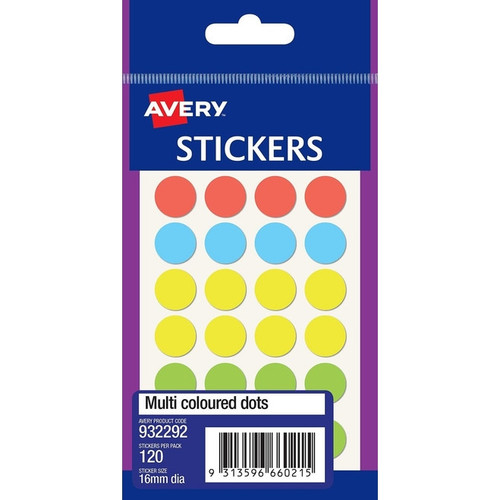 AVERY STICKER HANDIPACKS DOTS 16MM MULTI COLOUR 120 STICKERS PER PACK