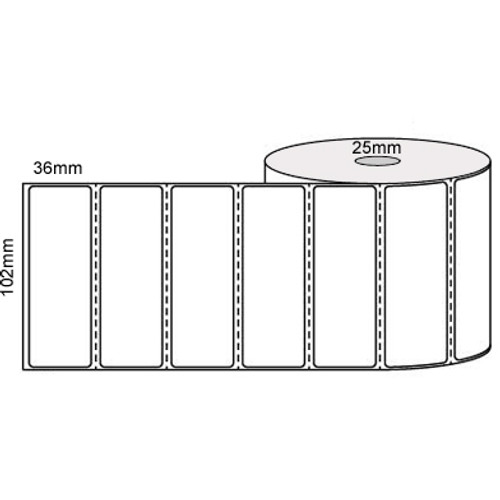 102MM X 36MM WHITE THERMAL TRANSFER PERFORATED LABELS PERMANENT ADHESIVE 25mm core (1000/roll)