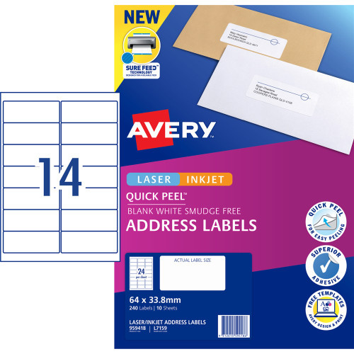 AVERY SURE FEED LABELS LASER 99.1 X 38.1MM WHITE PACK OF 140