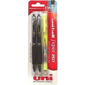 Pen Uniball UMN207 Signo Retractable Gel Ink Pen Fine 0.7MM Special Pack Contains 1x Black Pen 1x Blue Pen 1 x Yellow Highlighter