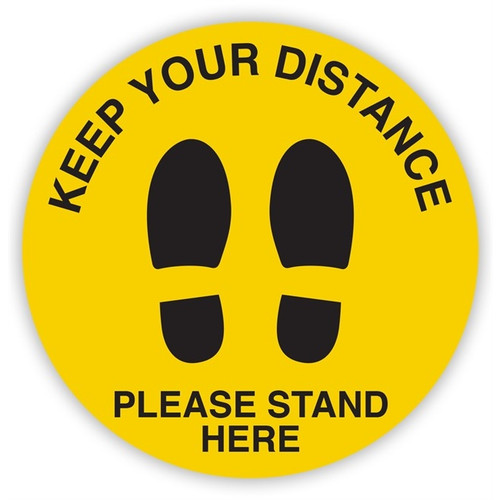 10 x Social Distance Circular Sign Keep Your Distance Please Stand Here with Shoe Prints Yellow & Black (Pack of 10 Signs)