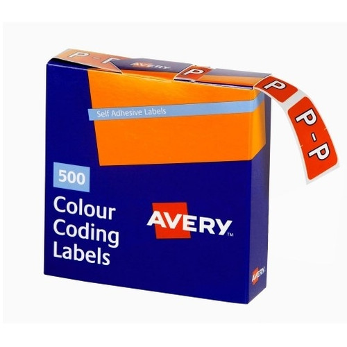 AVERY ALPHABET CODING LABEL P Side Tab 25x38mm Dark Orange Box (500 Labels)