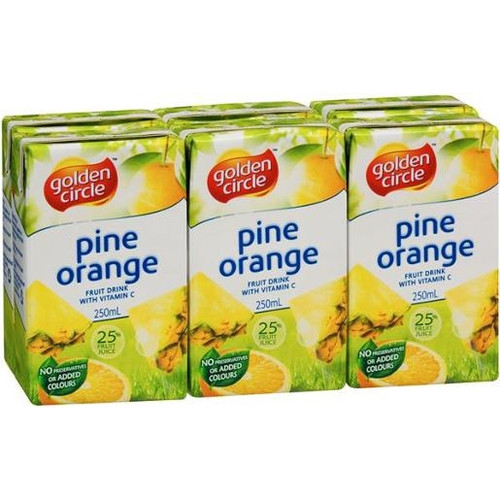 GOLDEN CIRCLE PINEAPPLE & ORANGE FRUIT DRINK Pack of 6 x 250ml Juice Boxes