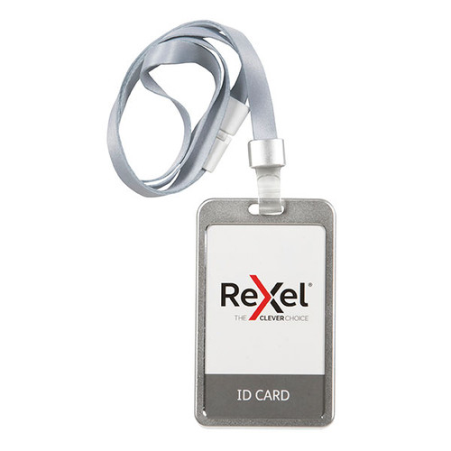 REXEL ID CARD HOLDER WITH LANYARD ALUMINIUM SILVER PORTRAIT