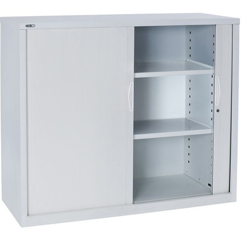 Go Steel Tambour Door Storage Cupboard Includes 2 Shelves 1200Hx900Wx473mmD White