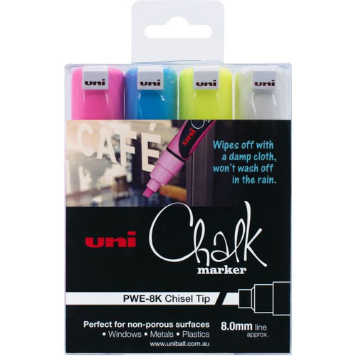UNI-BALL CHALK MARKER CHISEL TIP 8MM ASSORTED PACK 4